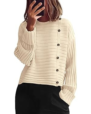 PRETTYGARDEN Womens Sweaters Fall 2026 Casual Long Sleeve Crewneck Button Loose Winter Knit Pullo... | Amazon (US)