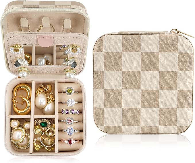 Checkered Travel Jewelry Case Organizer, Small Jewelry Box For Rings Earrings Necklaces Lipsticks... | Amazon (US)