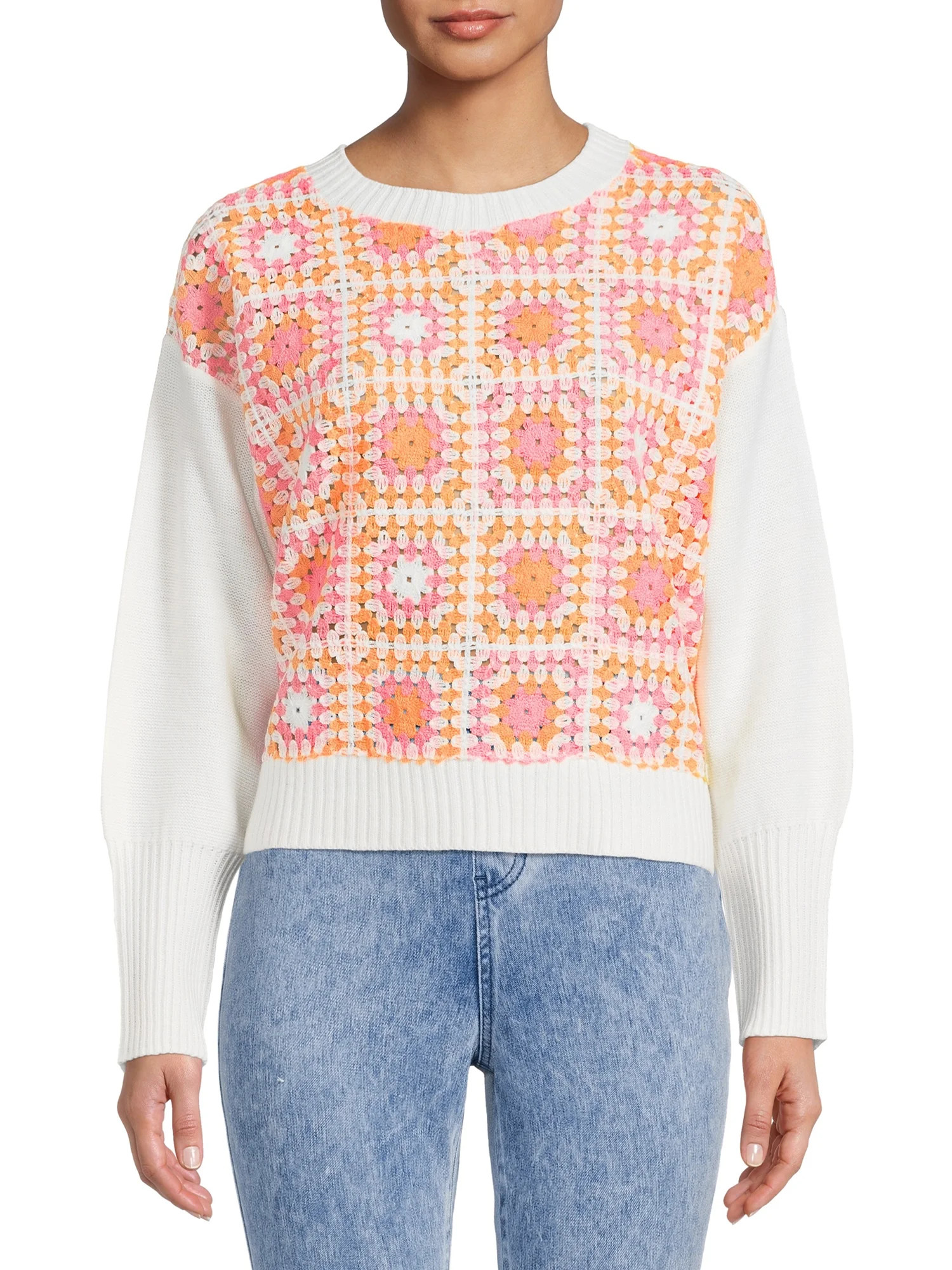 Time and Tru Women's Crochet Front Sweater, Midweight - Walmart.com | Walmart (US)