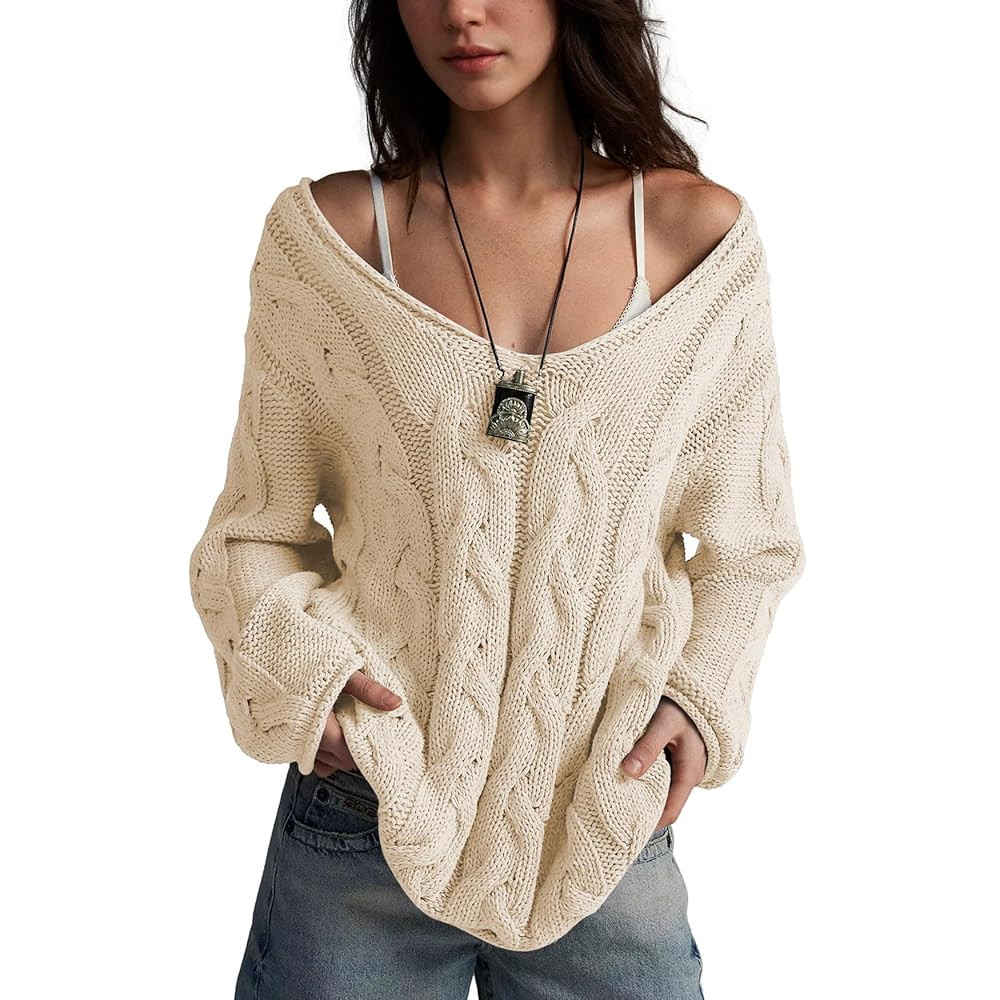 Womens Oversized Off The Shoulder Sweaters Chunky Knit Wide V-Neck Tops Casual Slouchy Pullover F... | Amazon (US)