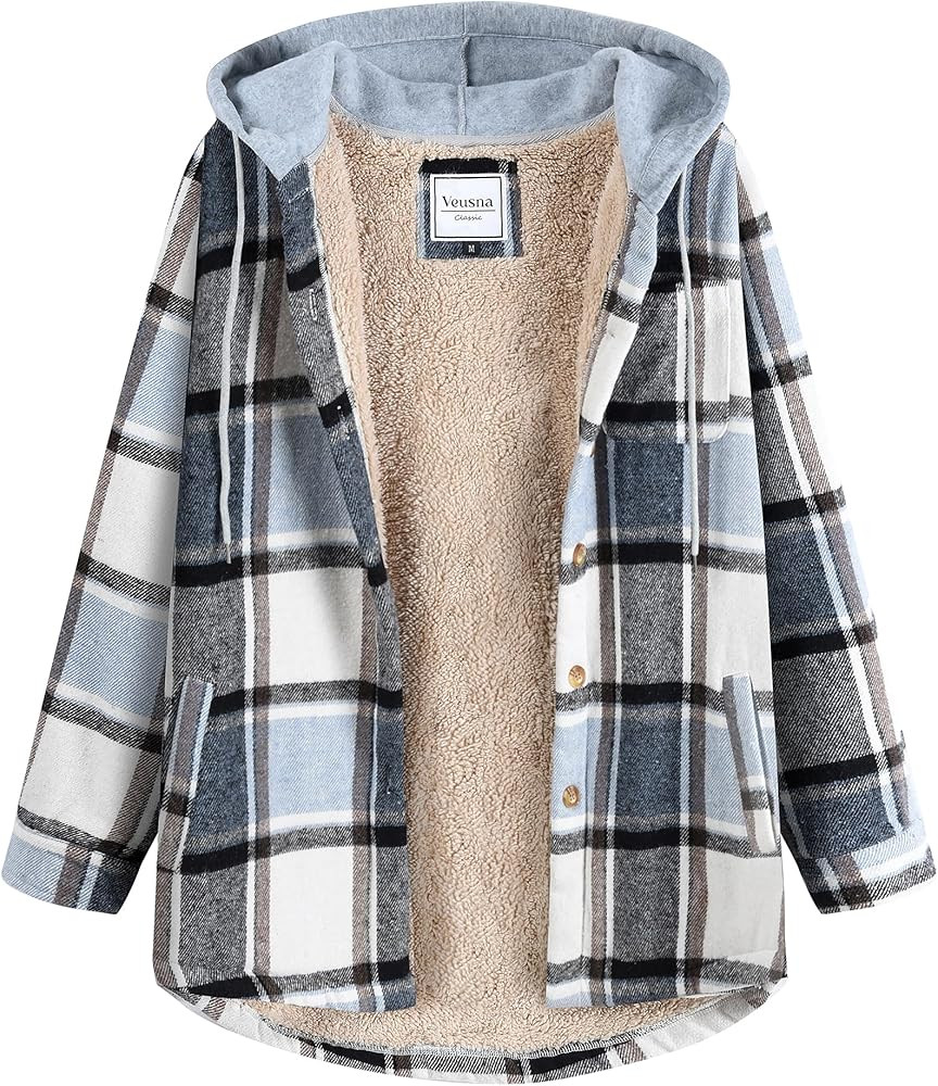 Women's Plaid Flannel Plaid Shacket Button Up Hooded Long Sleeve Fleece Jacket Winter Coat with S... | Amazon (US)