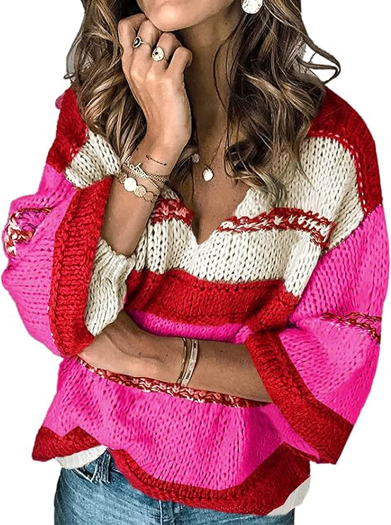 Angashion Women's Sweaters Casual Long Sleeve Crewneck Color Block Patchwork Pullover Knit Sweate... | Amazon (US)