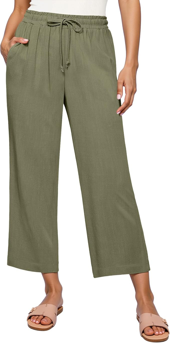 GRAPENT Linen Pants for Women High Waisted Wide Leg Capri Elastic Waist Casual Beach Flowy Croppe... | Amazon (US)