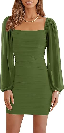 Wenrine Women's Mesh Long Sleeve Square Neck Ruched Party Club Cocktail Bodycon Mini Dress | Amazon (US)