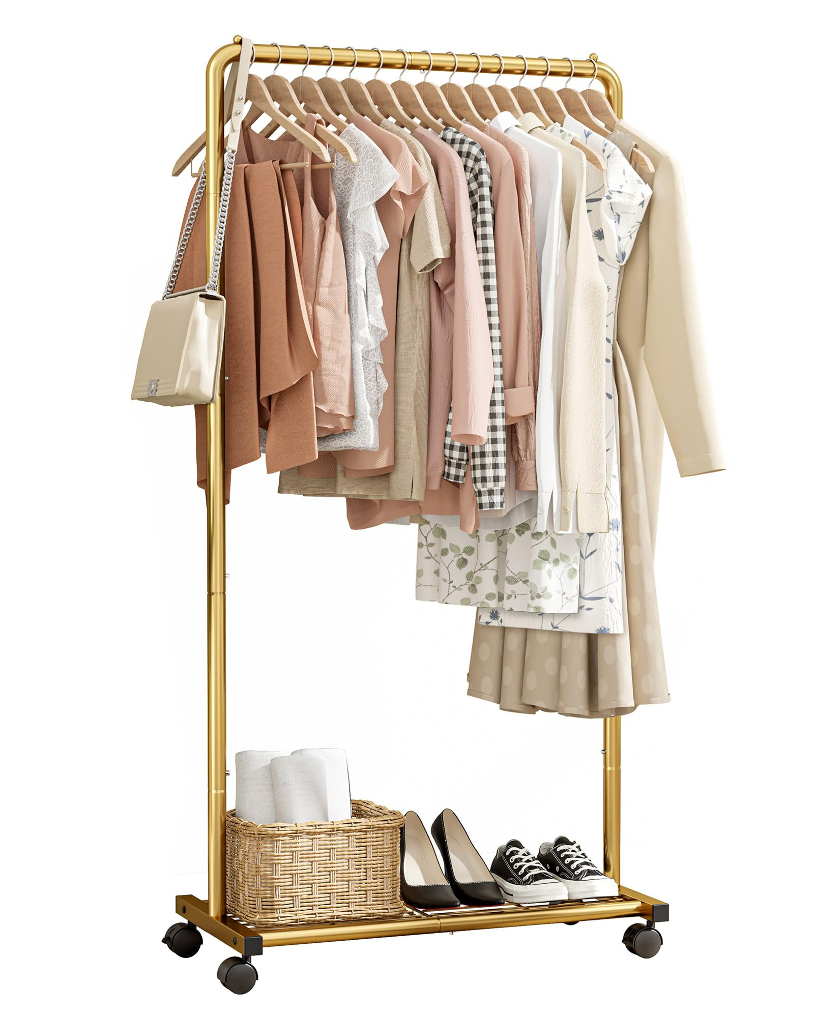 Clothes Rack - Clothing Rack with Storage Mesh Shelf & Casters, Heavy-Duty Metal Clothing Rack fo... | Amazon (US)