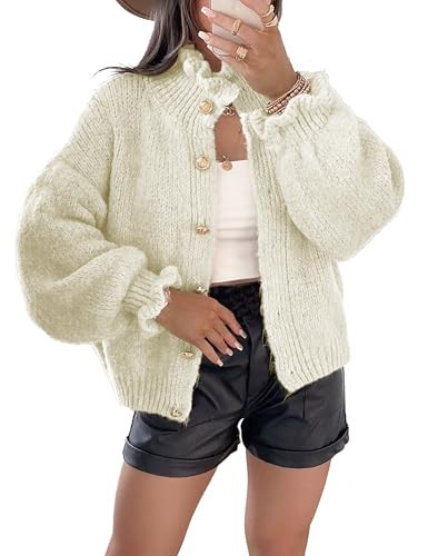 IQSQSQ Women’s Chunky Knit Cardigan Sweater, Ruffle Button Down Long Sleeve Cozy Loose Fit Fall Winter Outfits(Beige-XS) | Amazon (US)