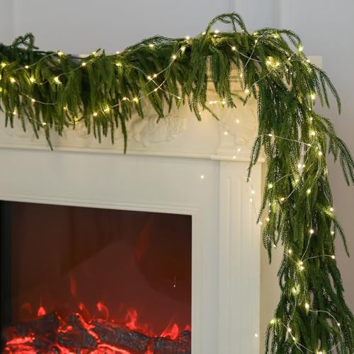 MISSPIN 6ft Christmas Garland with String Lights, Real Touch Norfolk Pine Garland, Green Artificial Greenery Garland for Table, Mantle, Wall, Indoor, Outdoor Christmas Decorations | Amazon (US)
