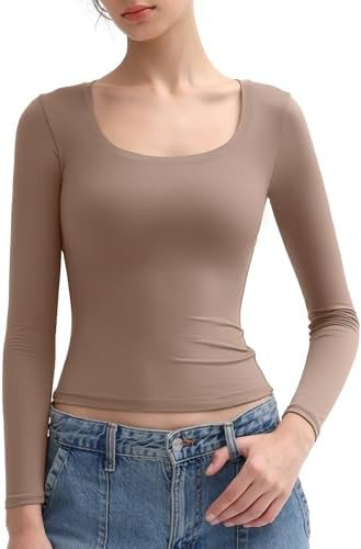 PUMIEY Women's Long Sleeve T Shirts Scoop Neck Slim Fit Going Out Tops Double Lined Basic Tee Smo... | Amazon (US)