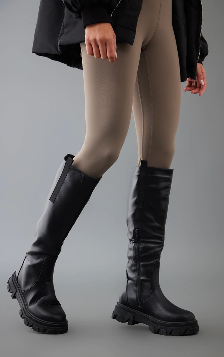 Black Pu Chunky Sole Pull On Knee Boots | PrettyLittleThing UK