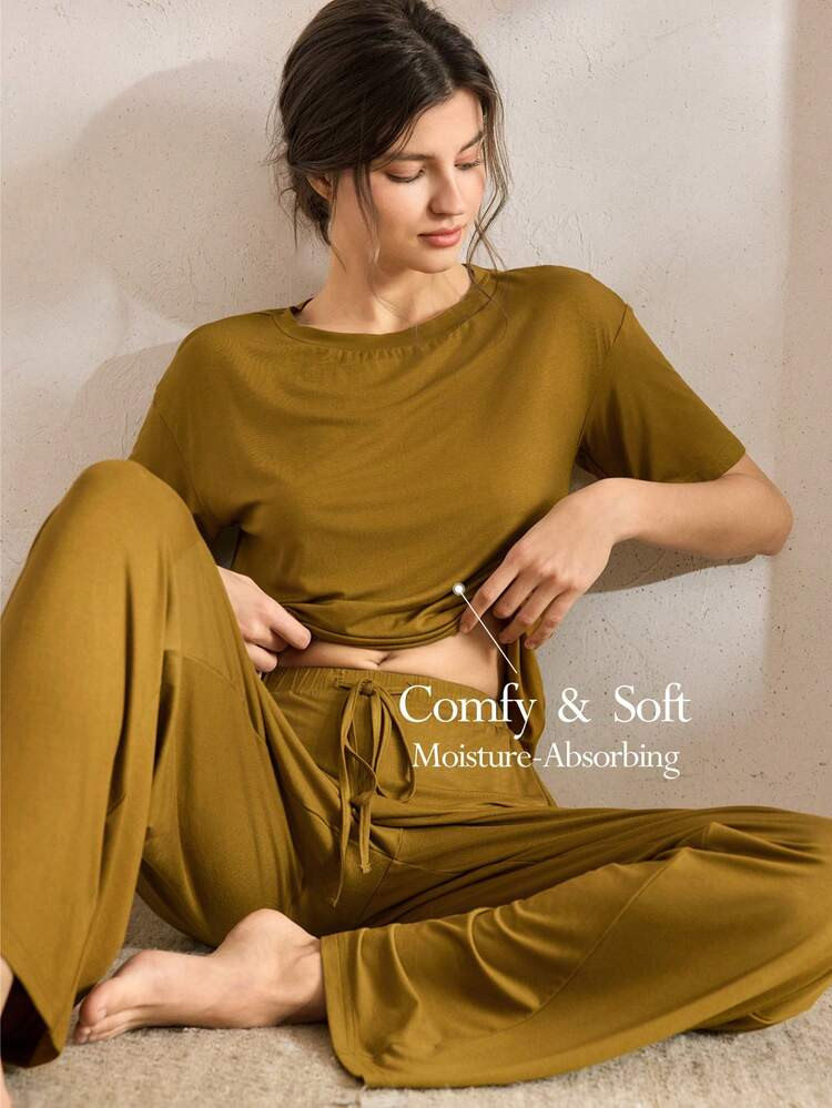 Ocili Comfortable Silky Short Sleeve & Pants Pajama Set For Women | SHEIN