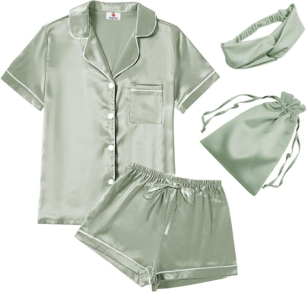 WJing Yi Jia 4Pcs Womens Satin Silky Pajama Sets Short Sleeve Shirt XS-4XL Floral Pajamas Set Sof... | Amazon (US)