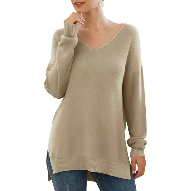 JWD Women's V-Neck Long Sleeve Side Split Loose Casual Knit Pullover Sweater Blouse Khaki-Large | Walmart (US)