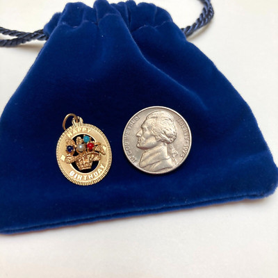 14k Solid Yellow Gold HAPPY BIRTHDAY Charm with Flower Basket & Faux Gems 1.5g  | eBay | eBay US