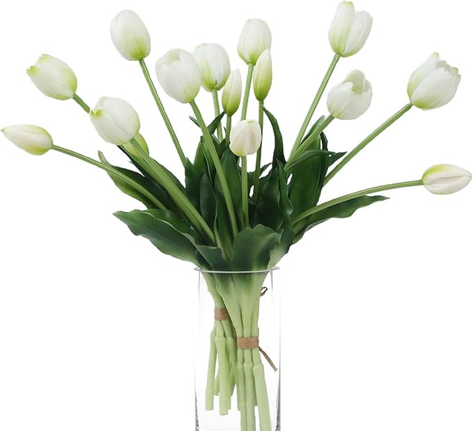 15 Pcs White Artificial Flowers Tulips Real Touch Latex Plastic Soft Faux Bouquets for Party, Wed... | Amazon (US)