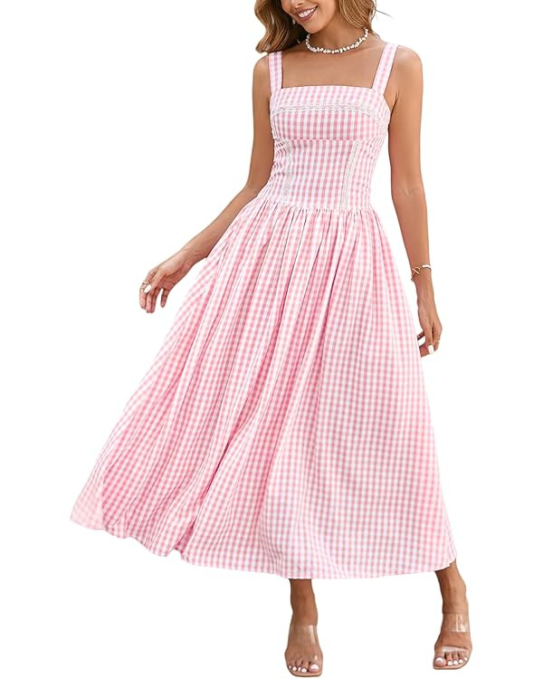 XinFSh Women's 2025 Summer Boho Midi Dress Plaid Square Neck Smocked Dresses Casual Flowy Beach V... | Amazon (US)