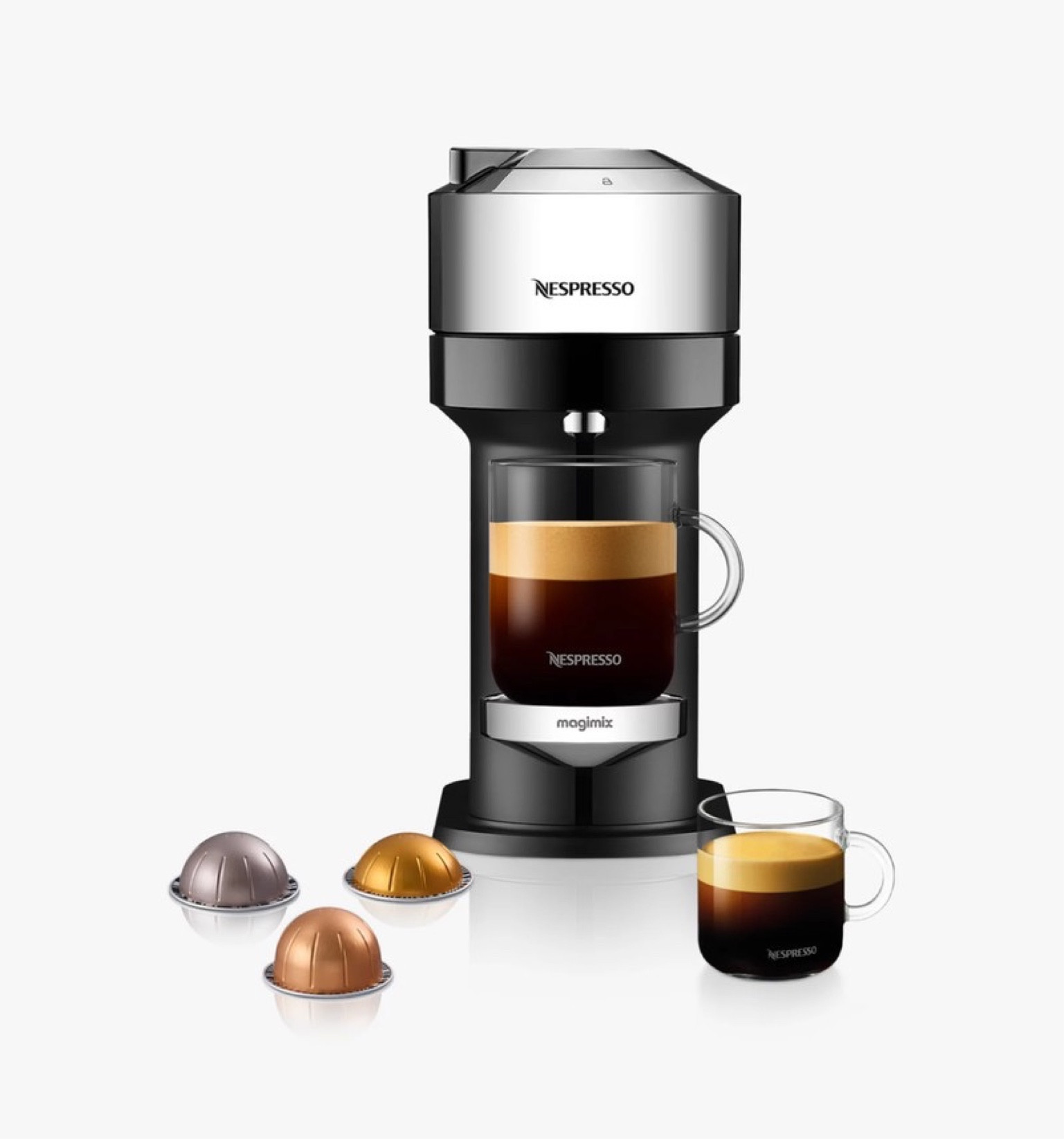 Nespresso Vertuo Next 11709 Coffee Machine by Magimix, Chrome 

Nespresso’s most versatile Vertuo with the ability to brew 5 cup sizes, all at the touch of a button.

Innovative technology

Centrifusion™ technology, a patented extraction method developed by Nespresso reads each individual unique capsule blend to brew your desired cup size with perfectly formed crema every time.

Makes 5 different versatile cup sizes

Versatility built in to offer espresso 40ml, Double Espresso 80ml, Gran Lungo 150ml, Mug 230ml and pour-over Carafe 535ml, all at the touch of a button.

Wi-Fi and Bluetooth connectivity

With smart connectivity built in, you can set your machine so you never miss an update.

Modern design

Compact dimensions of 5.3 x 16.7 x 9.8 inches make this a small footprint machine, that will easily suit any kitchen style.

Sustainability Commitment

B Corp Certified and made with recyclable materials. The machine is made of 35% recycled plastics, that uses aluminium pods which are fully recyclable and guarantee coffee freshness - we provide different options for recycling your used aluminium coffee pods.

Complimentary capsule set

Each machine includes a complimentary welcome set with a range of Nespresso Vertuo capsules with unique aroma profiles. Order your Nespresso capsules, receive personalised advice, and obtain technical support or repair for your machine through the Nespresso mobile app, online at Nespresso.com, by telephone or in one of our Boutiques.



#LTKhome #LTKGiftGuide #LTKfamily
