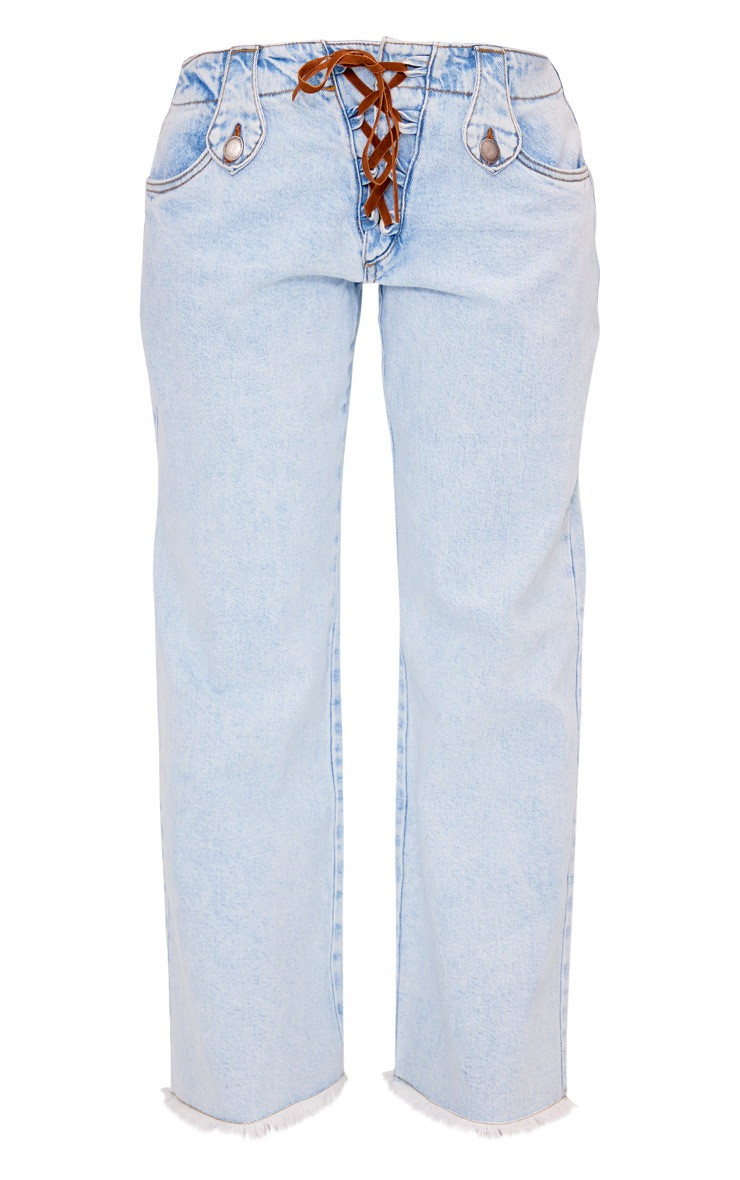Petite Light Blue Wash Low Rise Lace Up Wide Leg Jeans | PrettyLittleThing UK