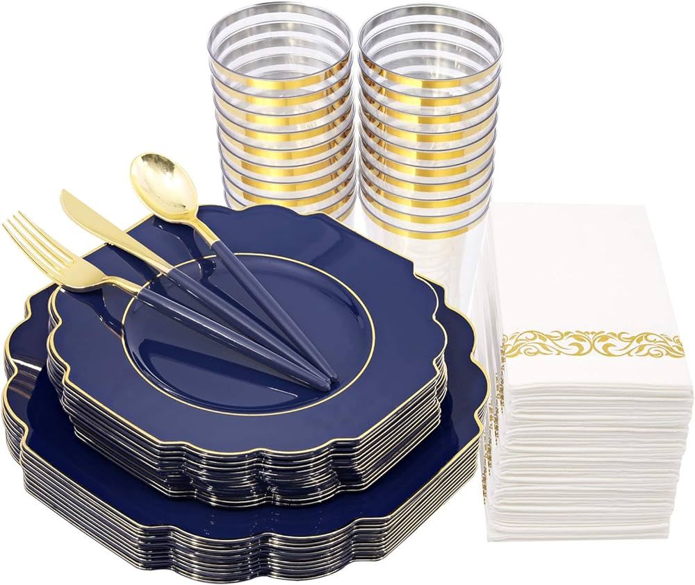 Nervure 140PCS Blue Plastic Plates & Gold Plastic Silverware with Blue Handle - Blue Gold Plates ... | Amazon (US)