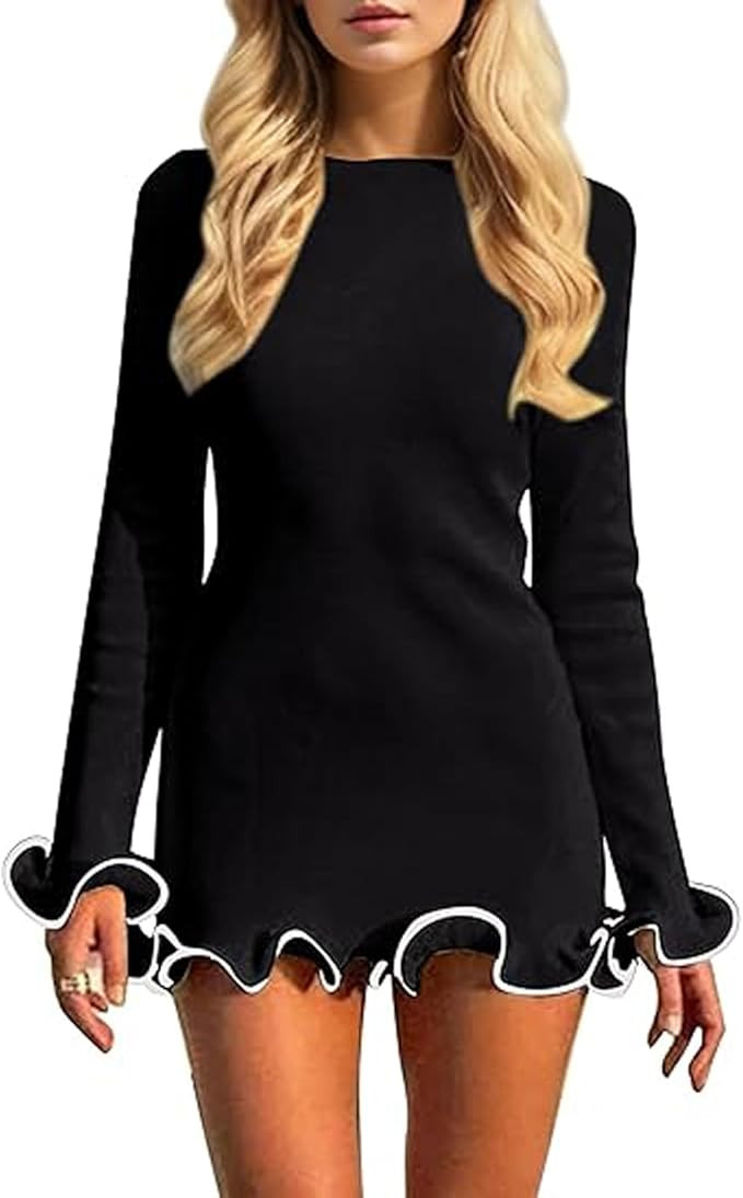 Women Long Sleeve Knit Mini Dress Ruffle Hem Bodycon Sweater Dress Fall Casual Ribbed Tunic Dress | Amazon (US)