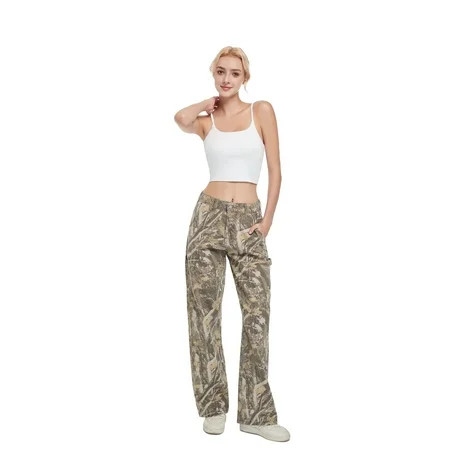 PinkyMoor Women’s camo pants stretch mid-low rise casual cargo pants with branch camouflage pattern perfect for work and everyday wear featuring pockets and a loose straight-leg fit. | Walmart (US)