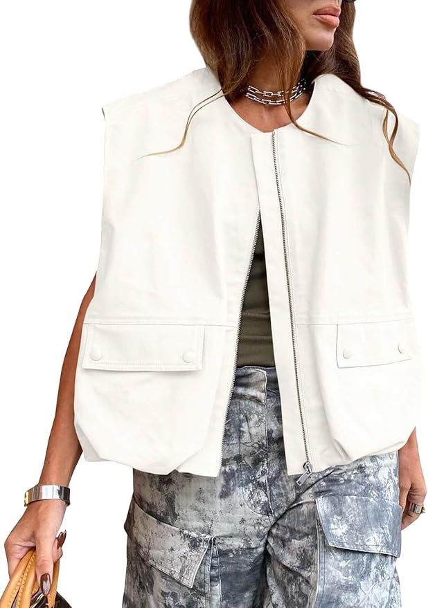 Tankaneo Womens Casual Zip Up Vest Cargo Oversized Ruched Hem Sleeveless Blazer Jackets Tops | Amazon (US)