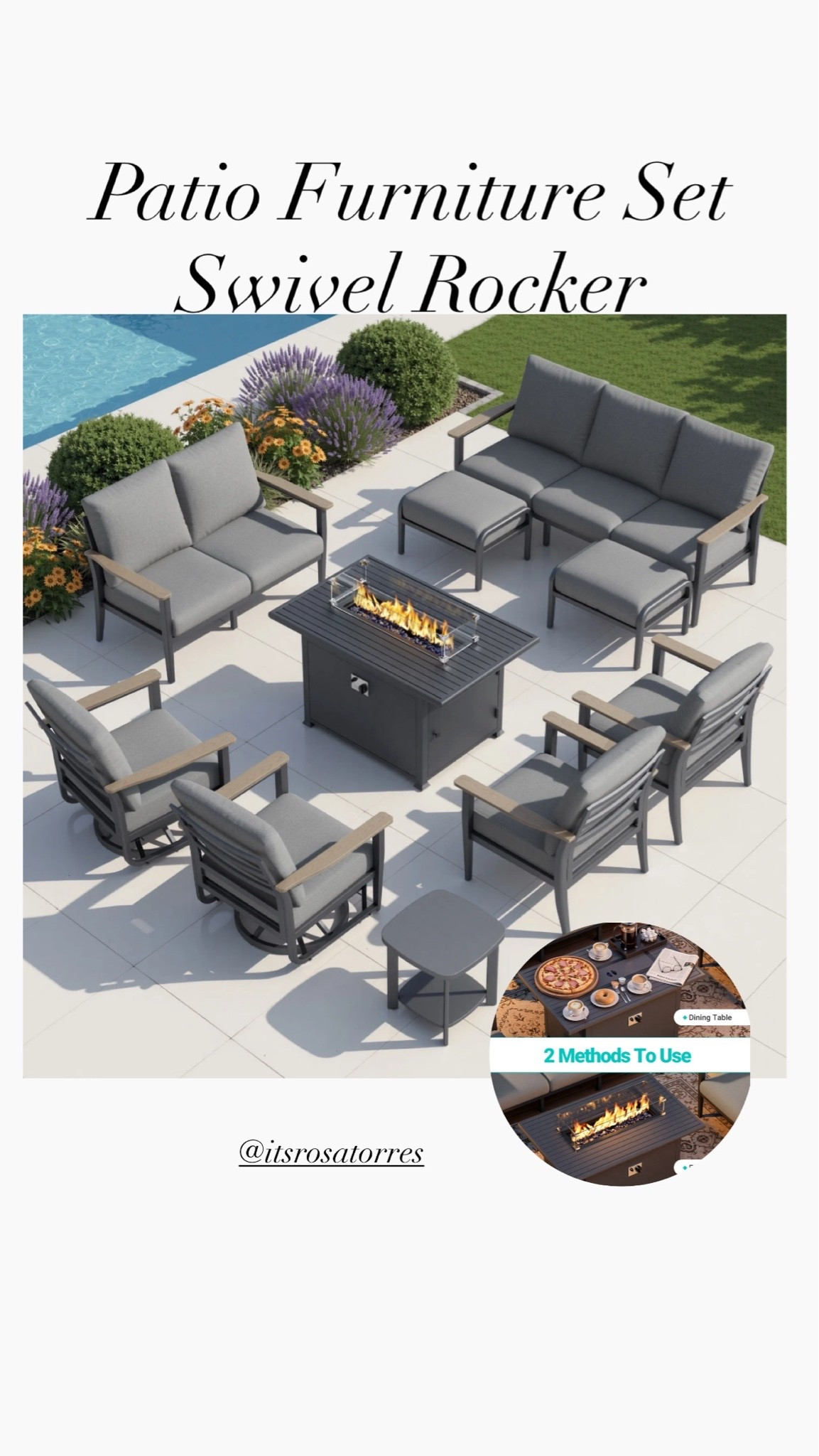 10 Piece Aluminum Outdoor Patio Furniture Set, 55000
BTU CSA Propane Fire Pit Table, 360° Swivel Rocker Sofa Set with Ottomans, All Weather for Backyard, Garden, Porch,Gray color.

#patiofurniture #patio #backyard #swivelrocker #firepittable #outdoorpatio #furnitureset #cookout #family #patiooasis #walmart

#LTKHome #LTKfoodie #LTKSeasonal