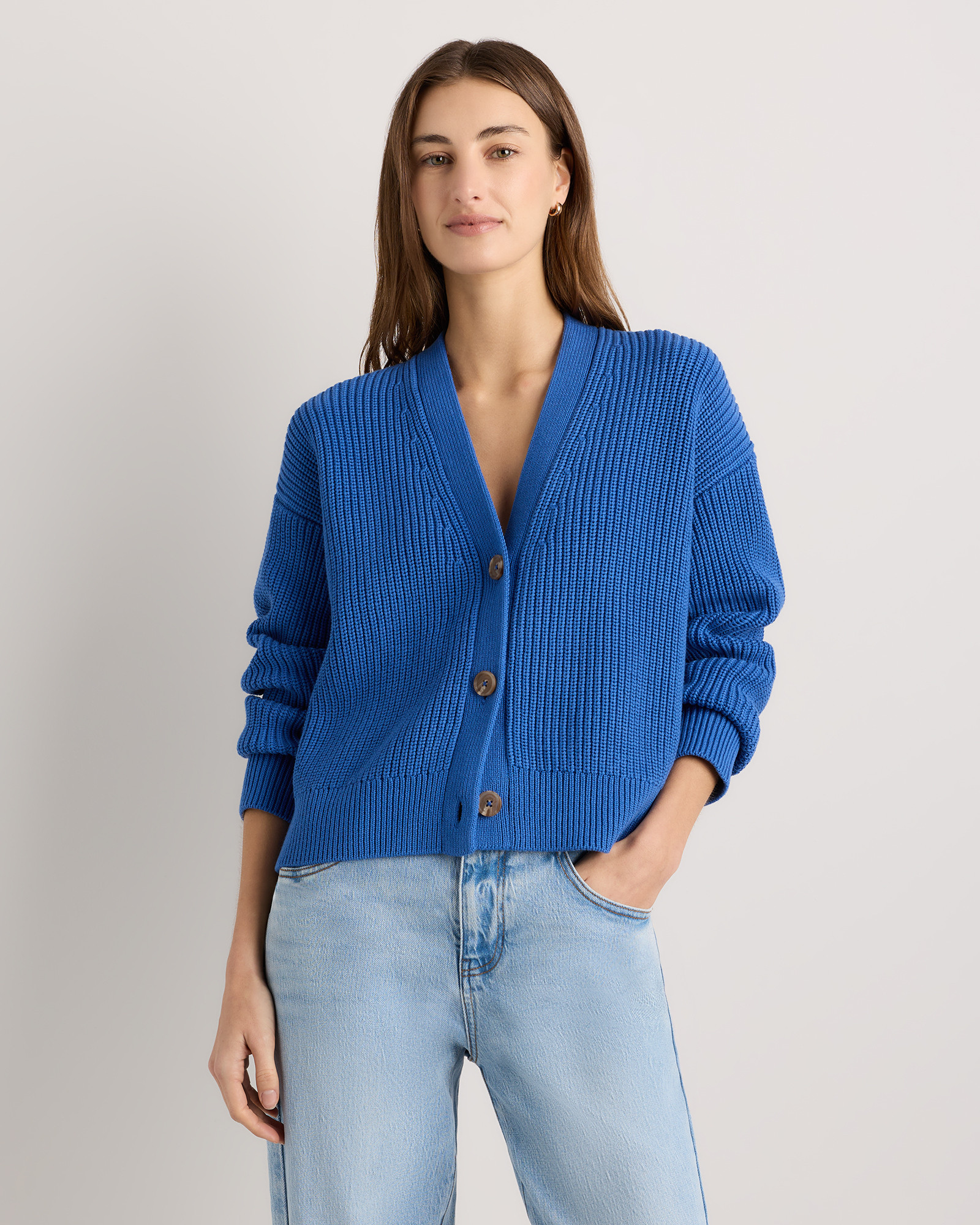 Quince | Women's Fisherman Boxy Cropped Cardigan Sweater in Camel, Size Small, Organic Cotton | Quince
