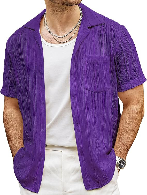 VATPAVE Mens Summer Lace Shirts See Through Sheer Shirts Casual Short Sleeve Button Down Beach Sh... | Amazon (US)