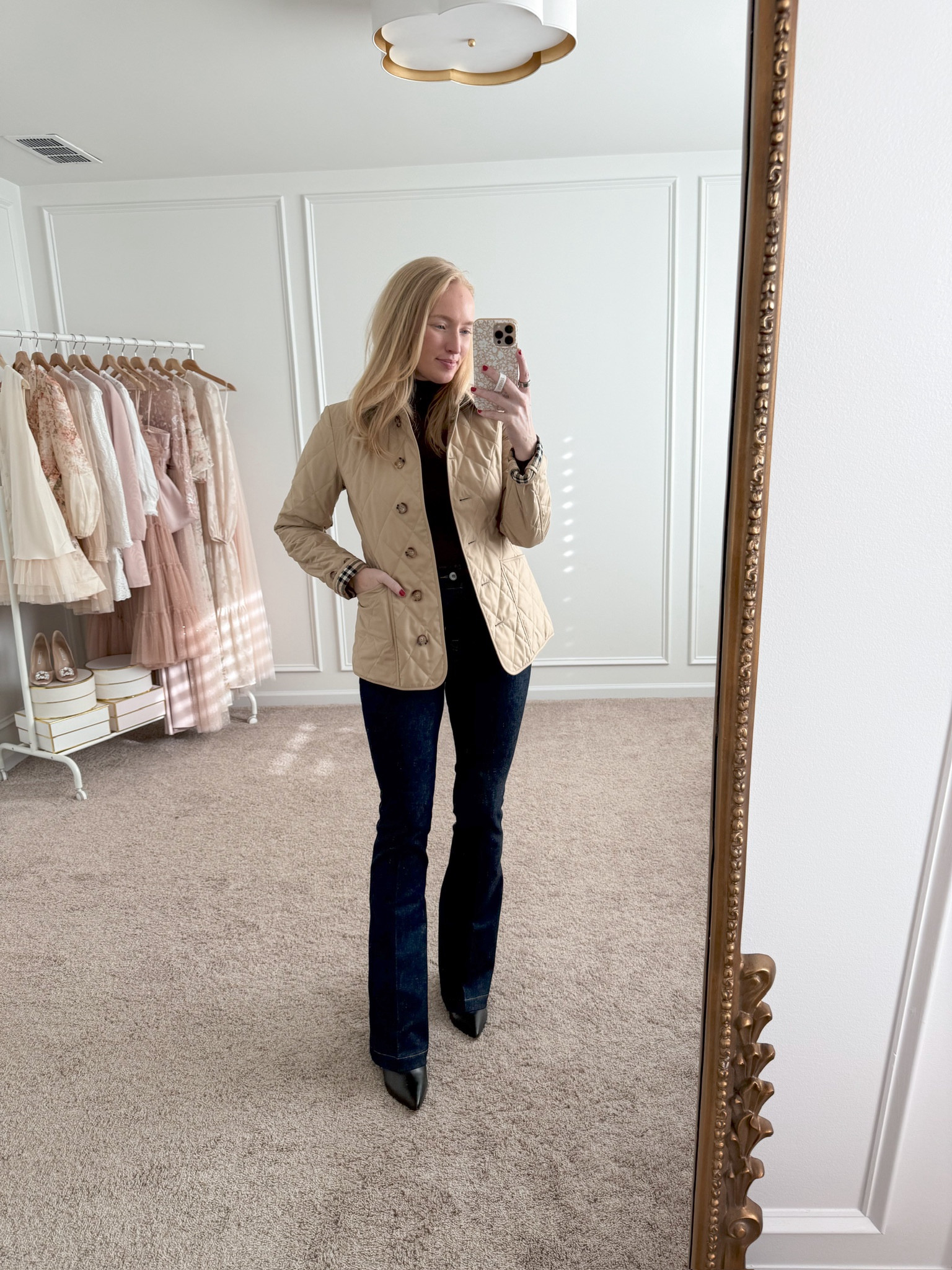 Cutest date night outfit! This Burberry jacket has been a staple in my wardrobe! Wearing size small. Also wearing size small in the Spanx flare jeans. Fall outfits // winter outfits // elevated outfits // date night outfits // girls night out outfits // winter jackets // flare jeans // Spanx sale 

#LTKSaleAlert #LTKStyleTip #LTKCyberWeek