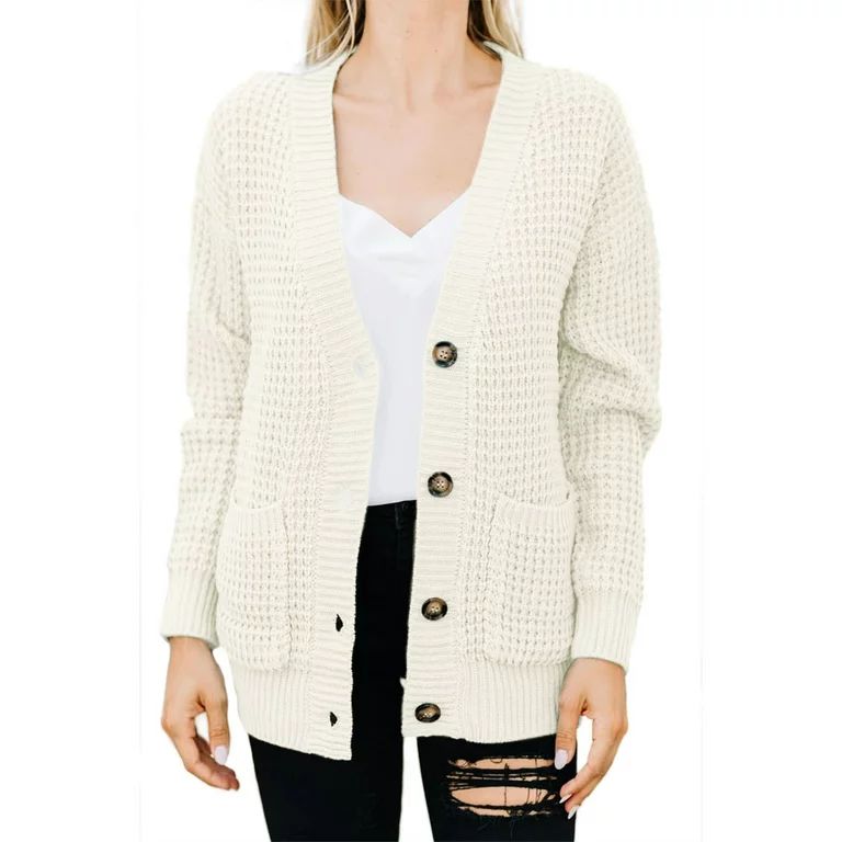 Womens Button Down Cardigans Open Front Long Sleeve Waffle Knit Sweaters Coat | Walmart (US)