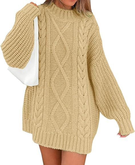 LILLUSORY Women's Crewneck Oversized Sweater Dress 2023 Fall Cable Knit Long Sleeve Chunky Casual... | Amazon (US)