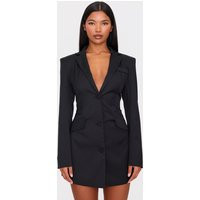 Black Woven Cinched Waist Blazer Dress | PrettyLittleThing US