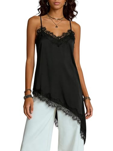 SOLY HUX Asymmetrical Satin Camisole Tops for Women Lace Sleeveless Silk Blouses Dressy Cami Tops... | Amazon (US)