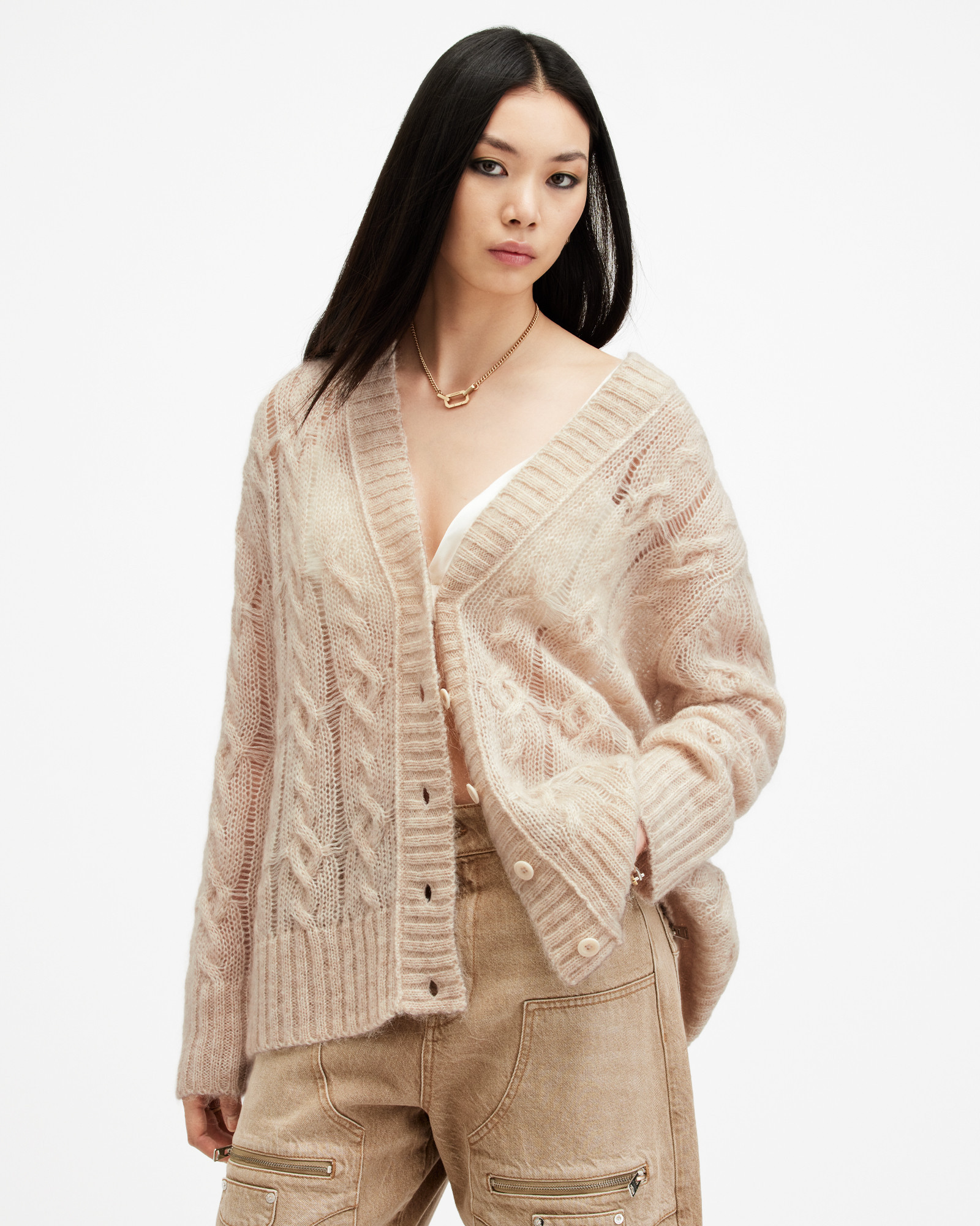 Regan Cable Knit Relaxed Fit Cardigan | AllSaints US