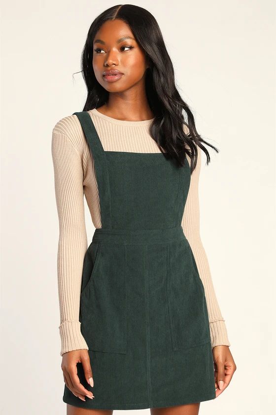 Embracing Autumn Emerald Green Corduroy Pinafore Mini Dress | Lulus