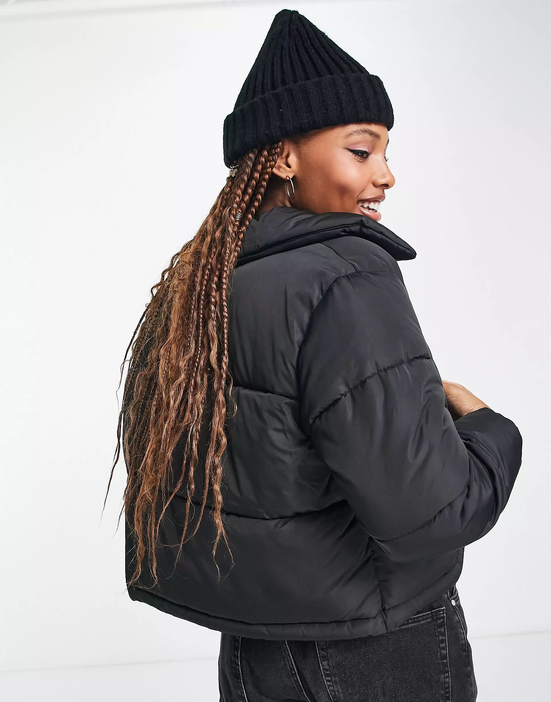 Miss Selfridge collar crop puffer jacket in black | ASOS (Global)