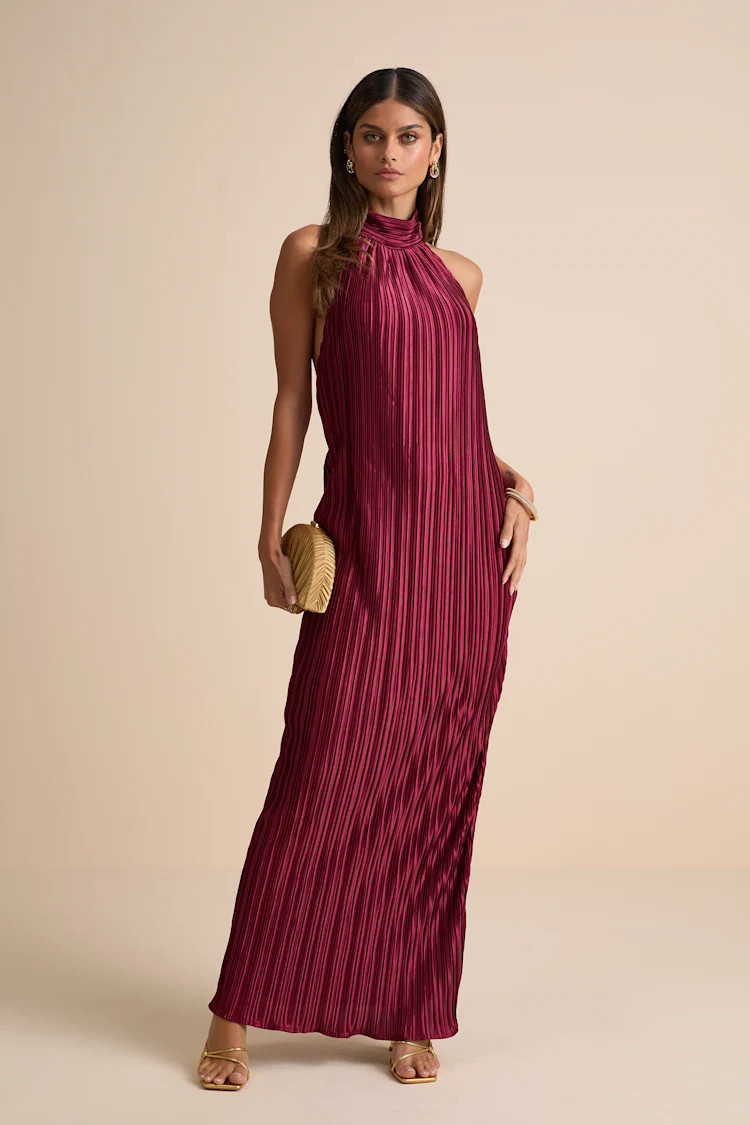 Gwenny Burgundy Satin Plisse Maxi Dress | Lulus