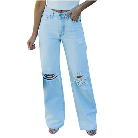 Pants for Women Loose Pockets Mid Waist Petal Straight Wide Leg Jeans Ladies Washed Denim Wide-leg D | Walmart (US)