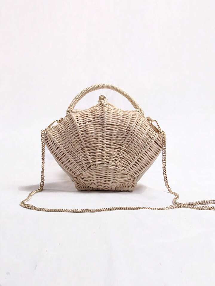 Shell-Shaped Chain Small Messenger Bag Portable Beach Vacation Straw Bag | SHEIN