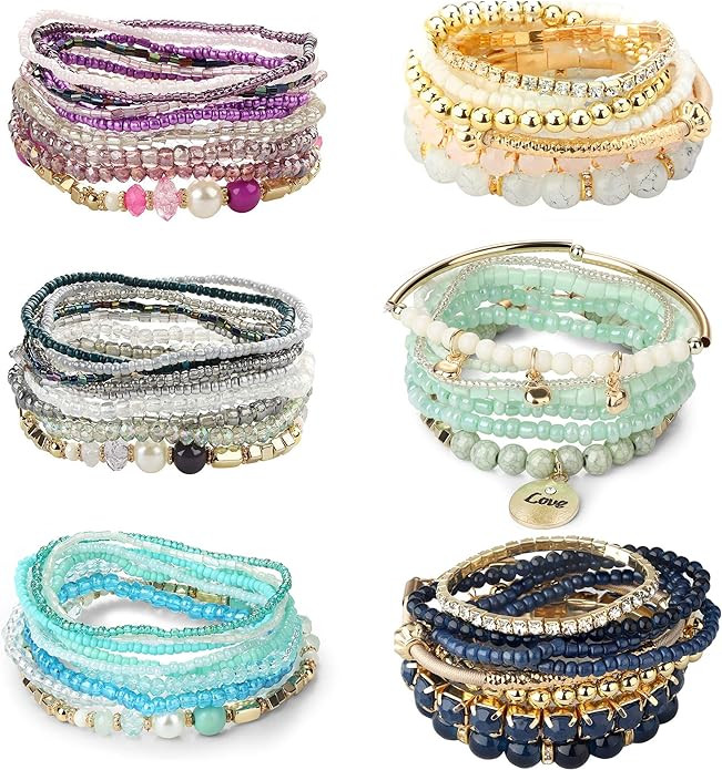 LOYALLOOK 6 Sets Bohemian Stackable Bead Bracelets for Women Stretch Bohemian Style Stretch Multi... | Amazon (US)