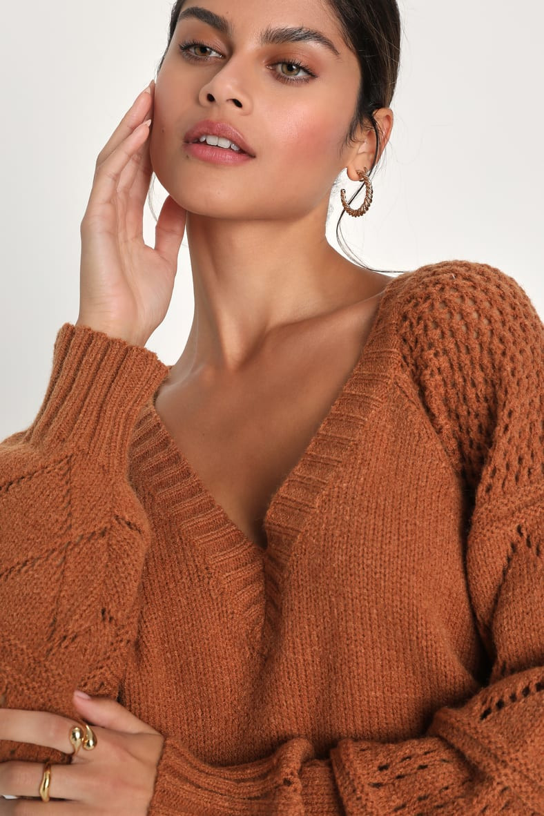 Trend Maker Light Brown Pointelle Knit V-Neck Sweater | Lulus