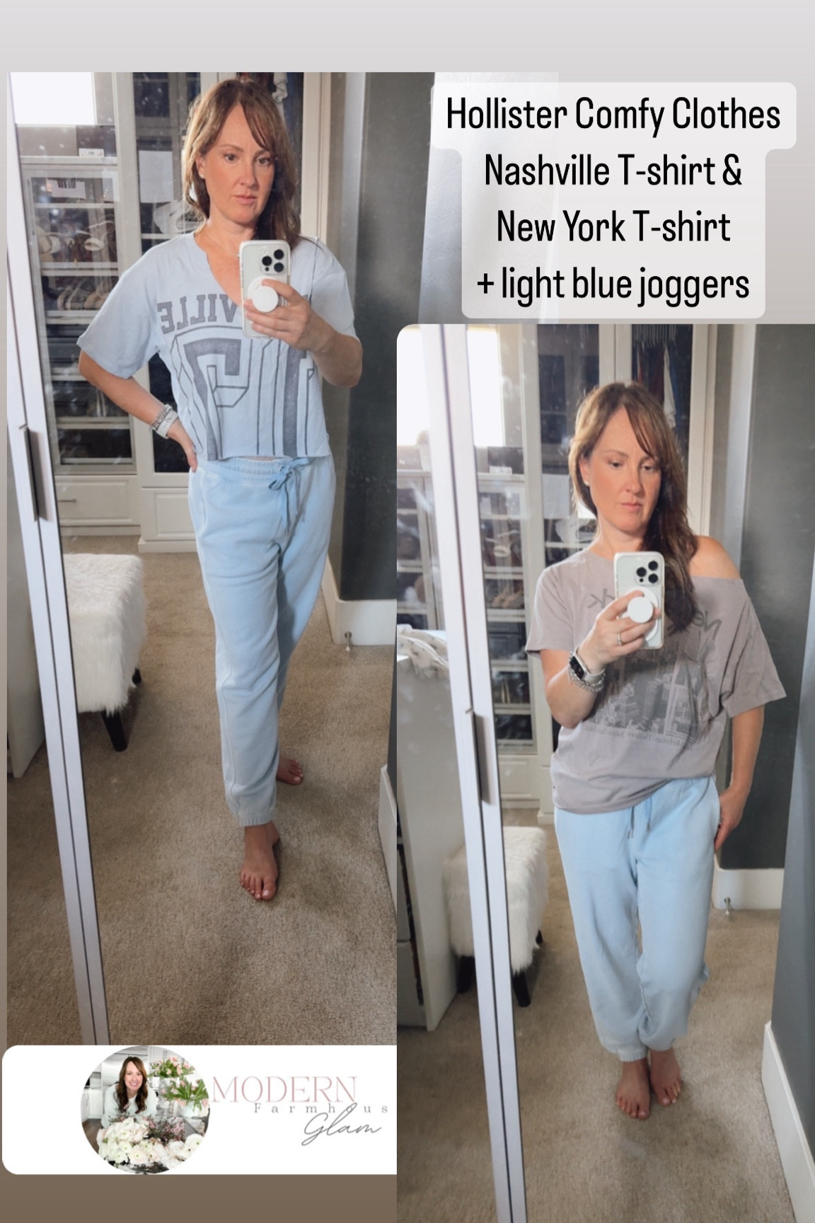 Hollister comfy clothes. Nashville tshirt and New York off the shoulder tshirt. Comfy light blue joggers sweat pants. Wearing size small in all TTS. 

#LTKStyleTip #LTKSaleAlert #LTKBeauty