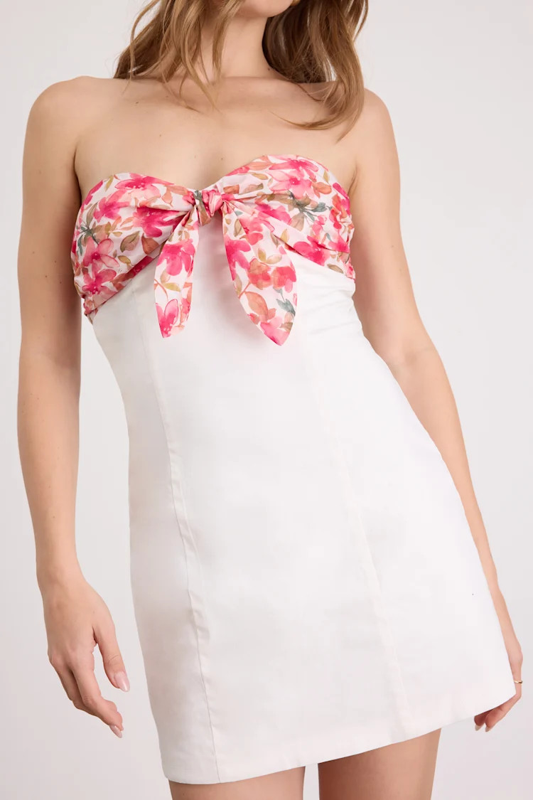 Callie White and Pink Floral Tie-Front Mini Dress | spring dinner outfit  | Lulus