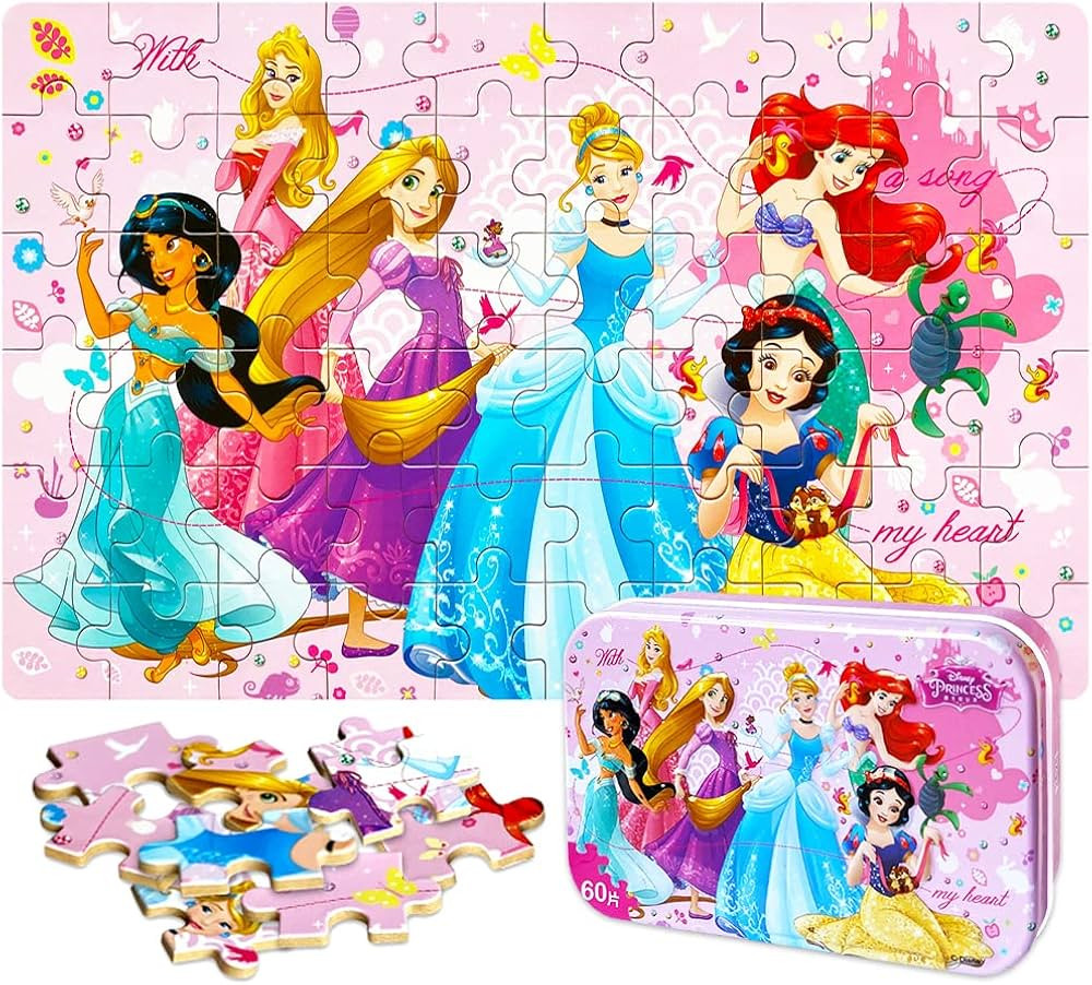 NEILDEN Disney Princess Jigsaw Puzzles for Kids Ages 4-8,60 Pieces Packed in Tin Box,Learning Edu... | Amazon (US)