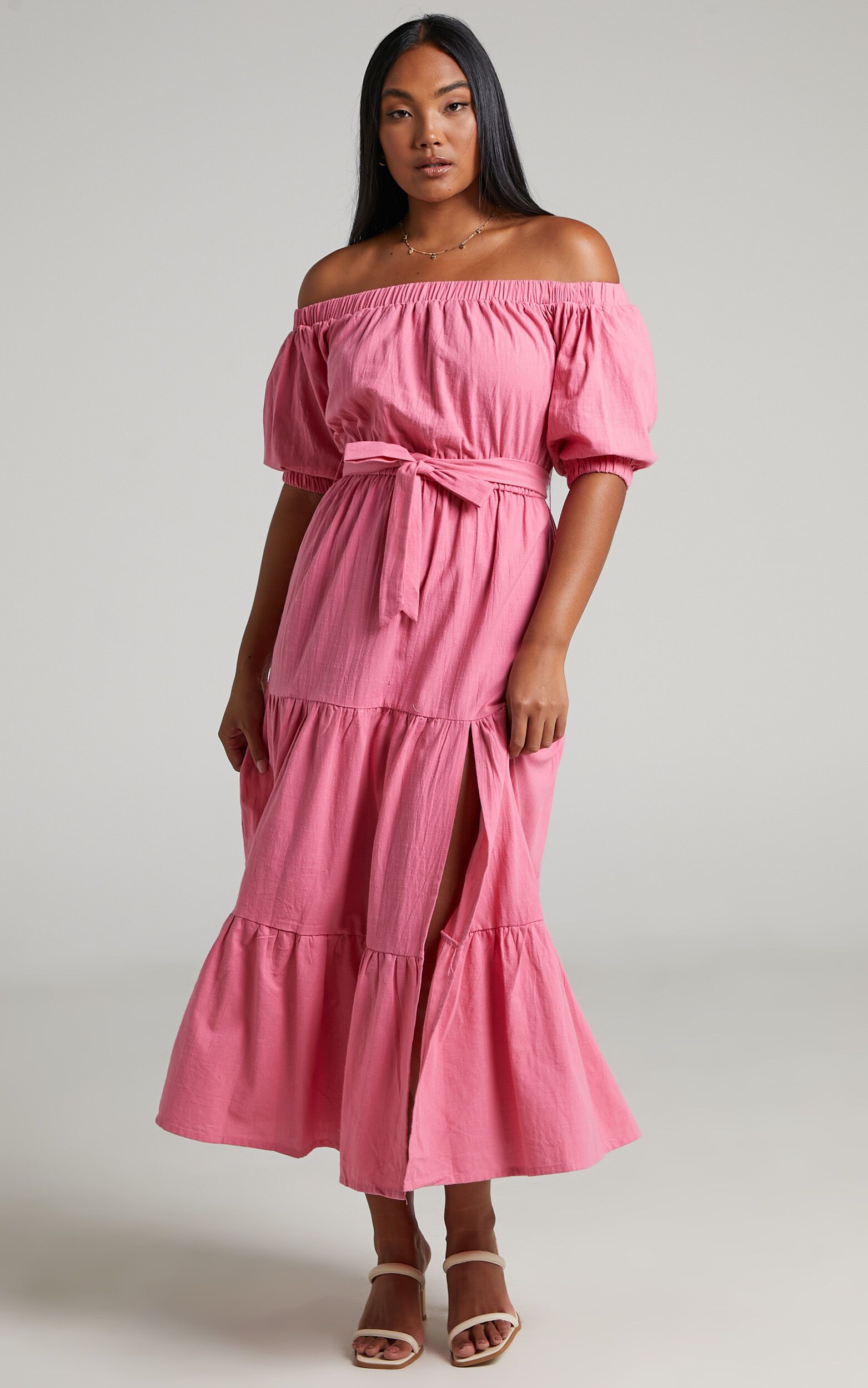 Leora off the shoulder tiered maxi dress in Pink | Showpo | Showpo - deactived