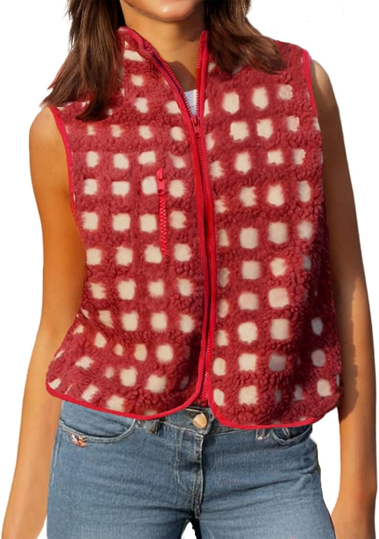Women's Checkered Polar Fleece Vest Sleeveless Cardigan High Collared Zip Up Winter Top Red Sherp... | Amazon (US)