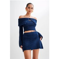 Baxter Off Shoulder Fluffy Knit Top - Navy | MESHKI US