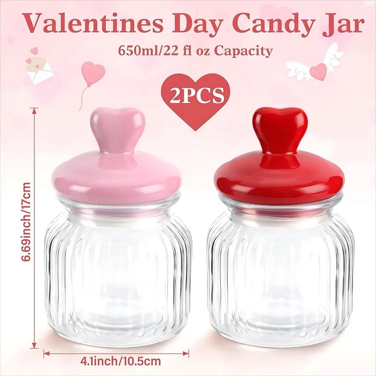 Valentine’s Day Decorations, 2 PCS Glass Valentines Candy Jar (22 oz) with Heart-Shaped Ceramic... | Walmart (US)