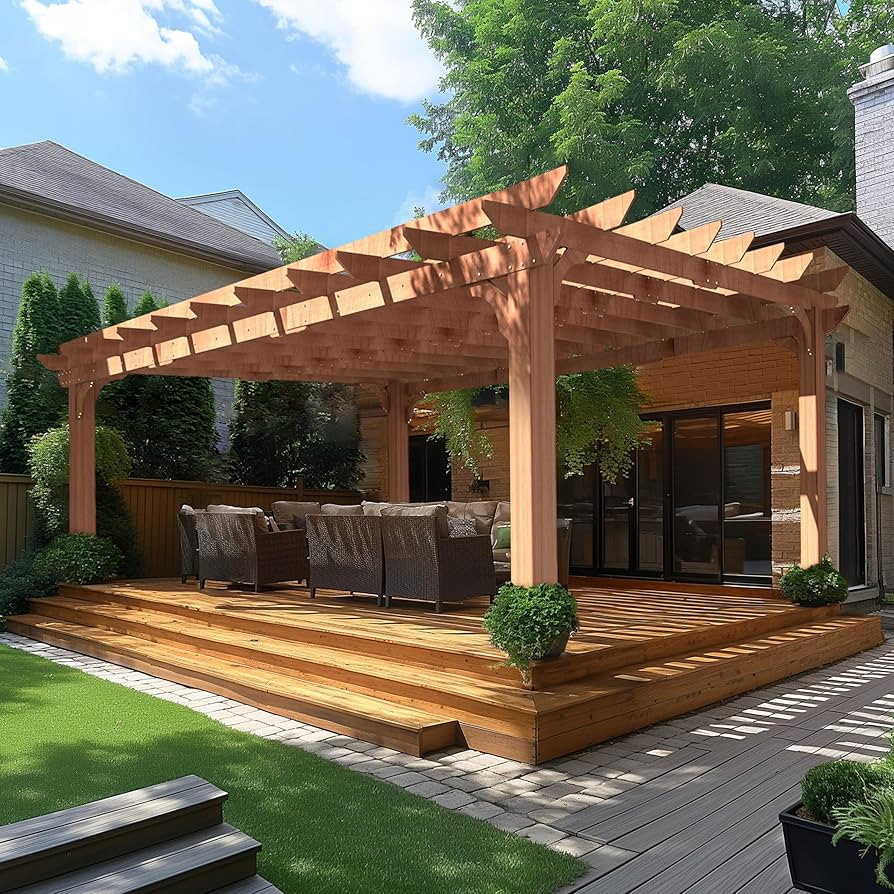 12 x16 FT Wooden Pergola, Cedar Wood Gazebo with Flat Roof, Outdoor Garden Shelter with Stakes In... | Amazon (US)