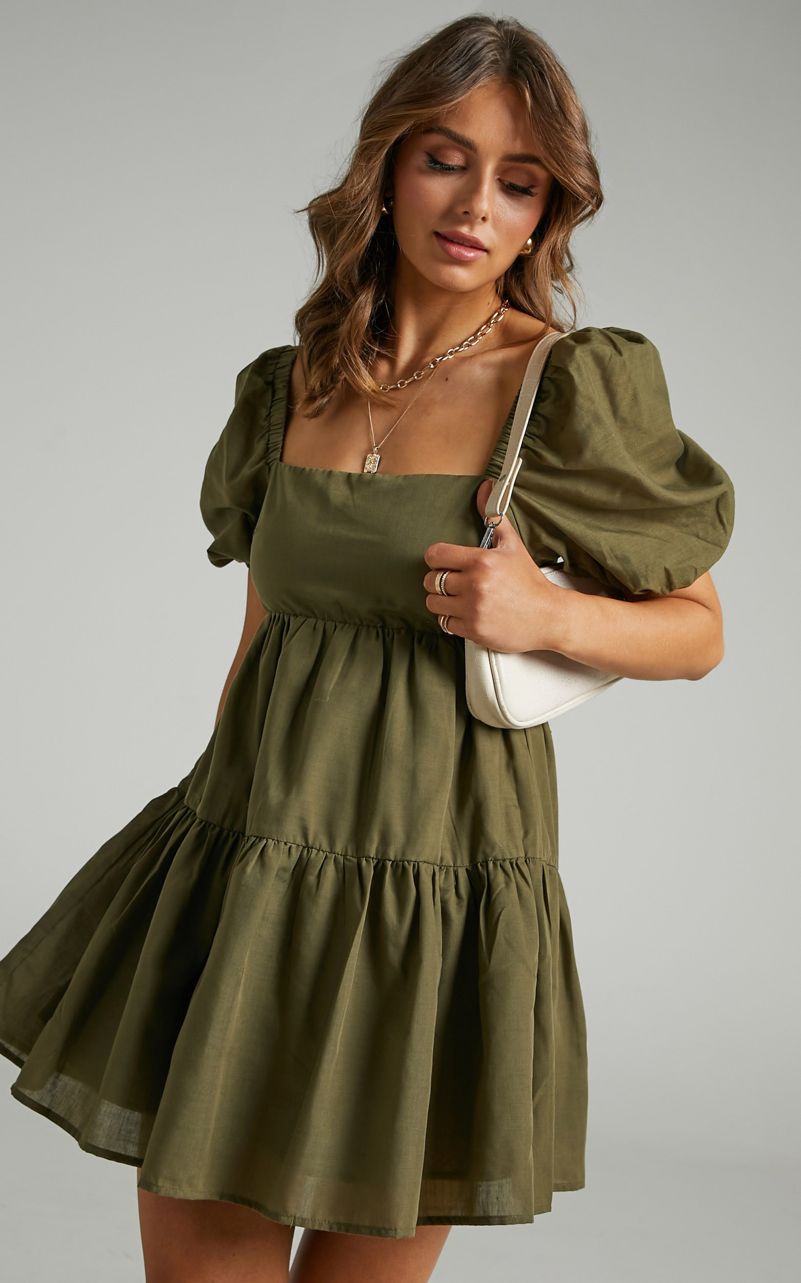 Hazel Short Sleeve Tiered Tie Back Smock Dress in Khaki | Showpo (US, UK & Europe)